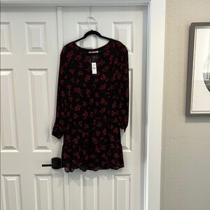 LOFT Red and Black Fit and Flare Dress with Bishop Sleeves